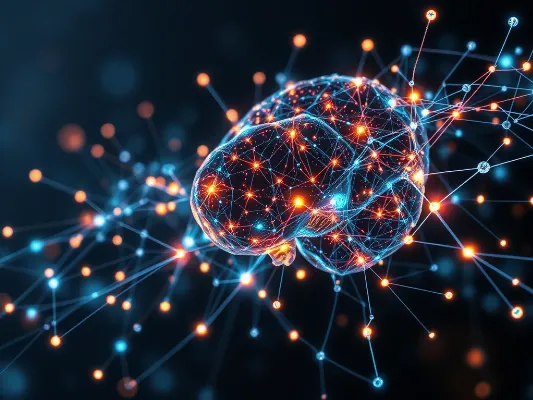 Abstract representation of AI innovation with glowing neural networks and data points